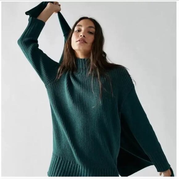 Free People Beach Trez Hunter Green Ribbed Mockneck Cotton Sweater Small - Picture 13 of 13